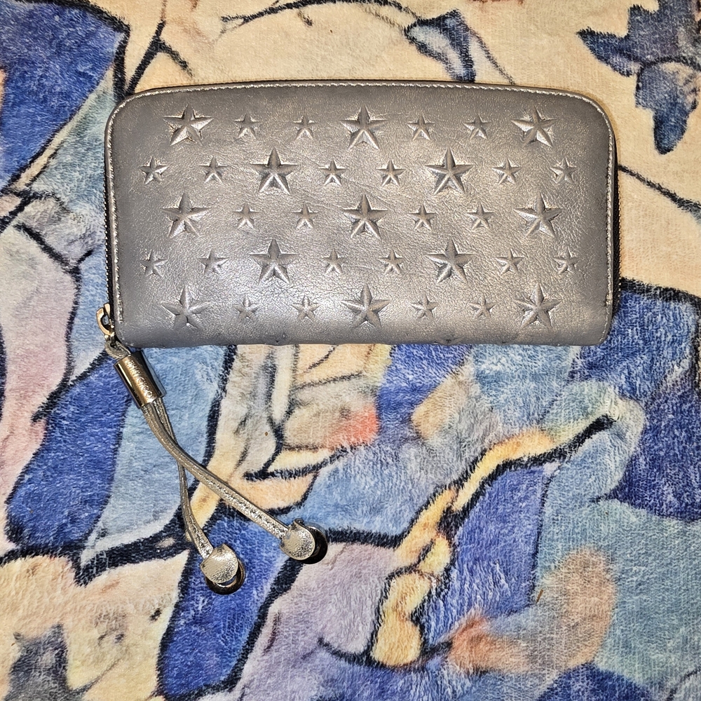 Jimmy Choo Metallic Silver Star-Embossed Zip Around Wallet